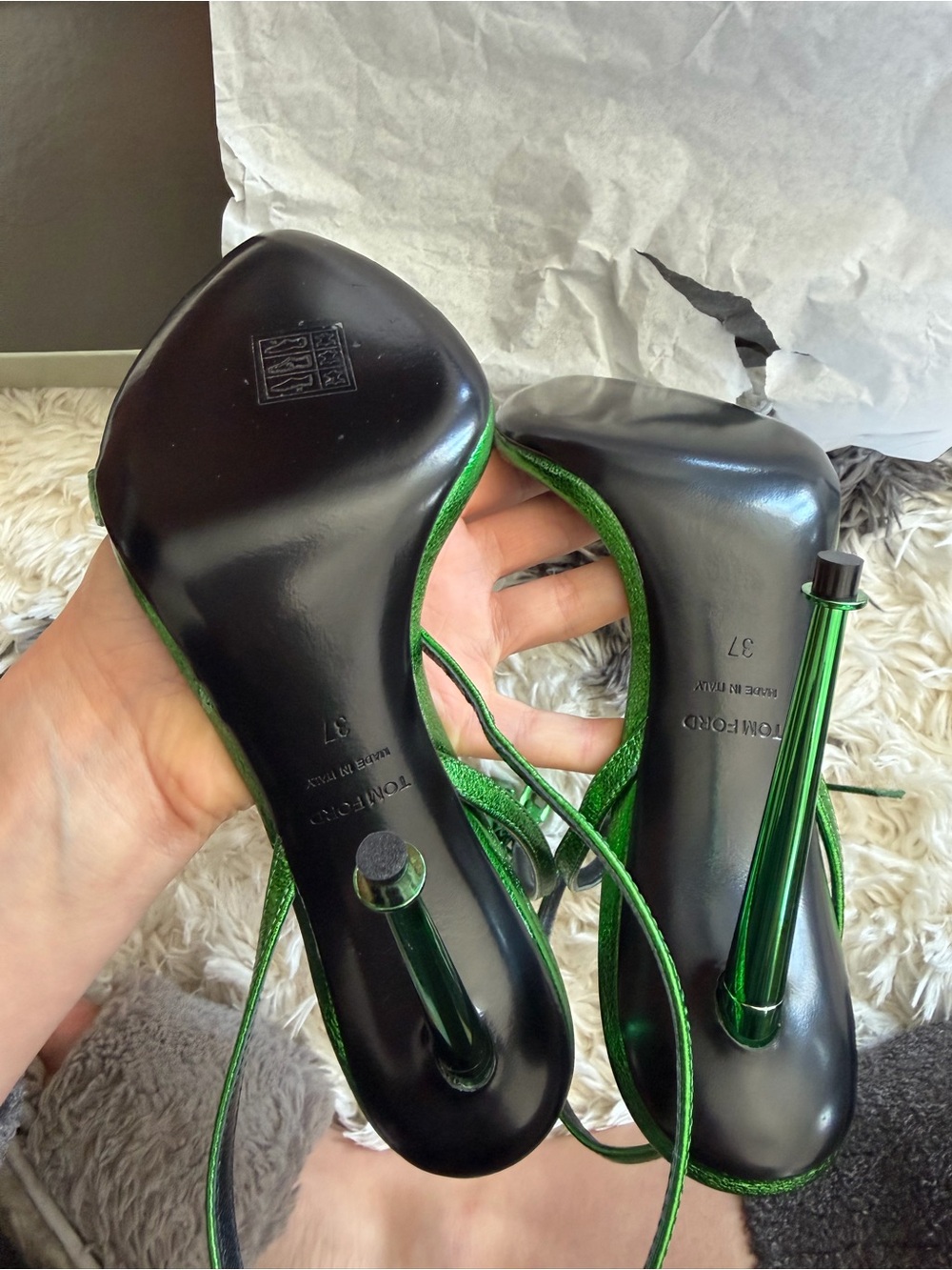 Tom Ford Metallic Emerald Green Ankle-Tie Stiletto Sandals - Picture 5 of 10